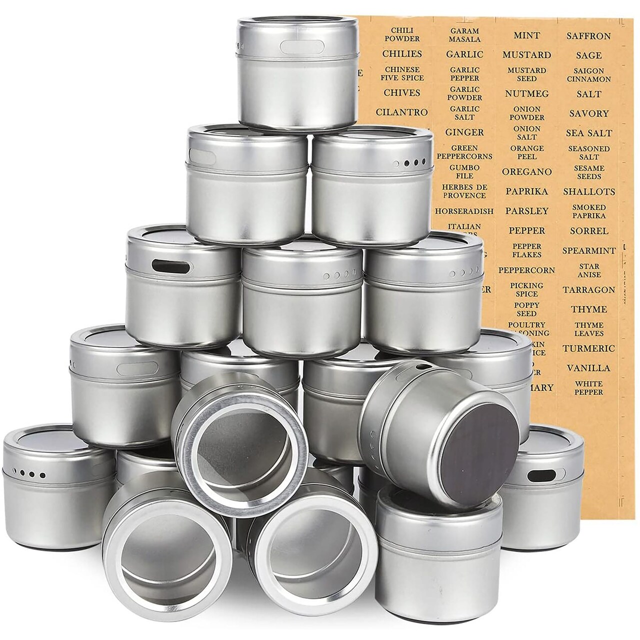 20-Pack Magnetic Spice Containers, Spice Tins with Clear Sift and Pour  Lids, Seasoning Organizers, Metal Storage Jars with 94 Labelling Stickers,  Holds 3.4 Ounces